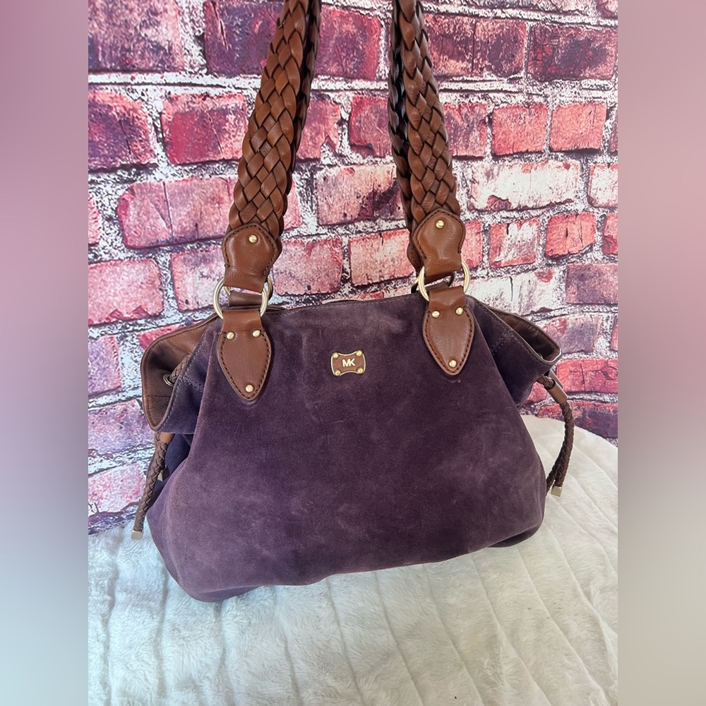 Michael Kors Purple Suede Shoulder Bag with Brown Braided Straps